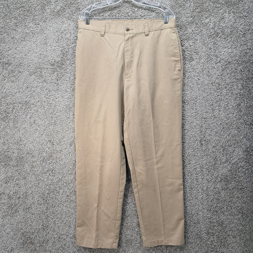 Haggar Mens Premium Chino Khaki Pants 34x31 Tan 100% Cotton Flat Front Trousers